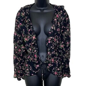 Vtg Paradise Plus Black Floral Ruffle Tie Front Sheer Blouse 1X Y2K Whimsy Fairy